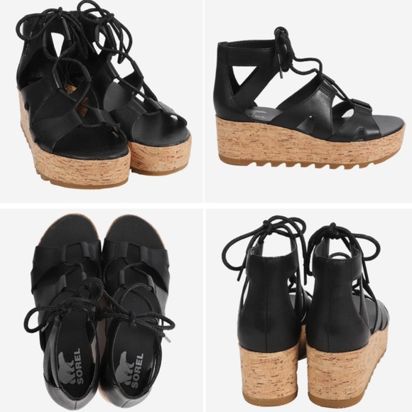 NEW SOREL Cameron Wedge Sandal Black Size 10 - Picture 1 of 2